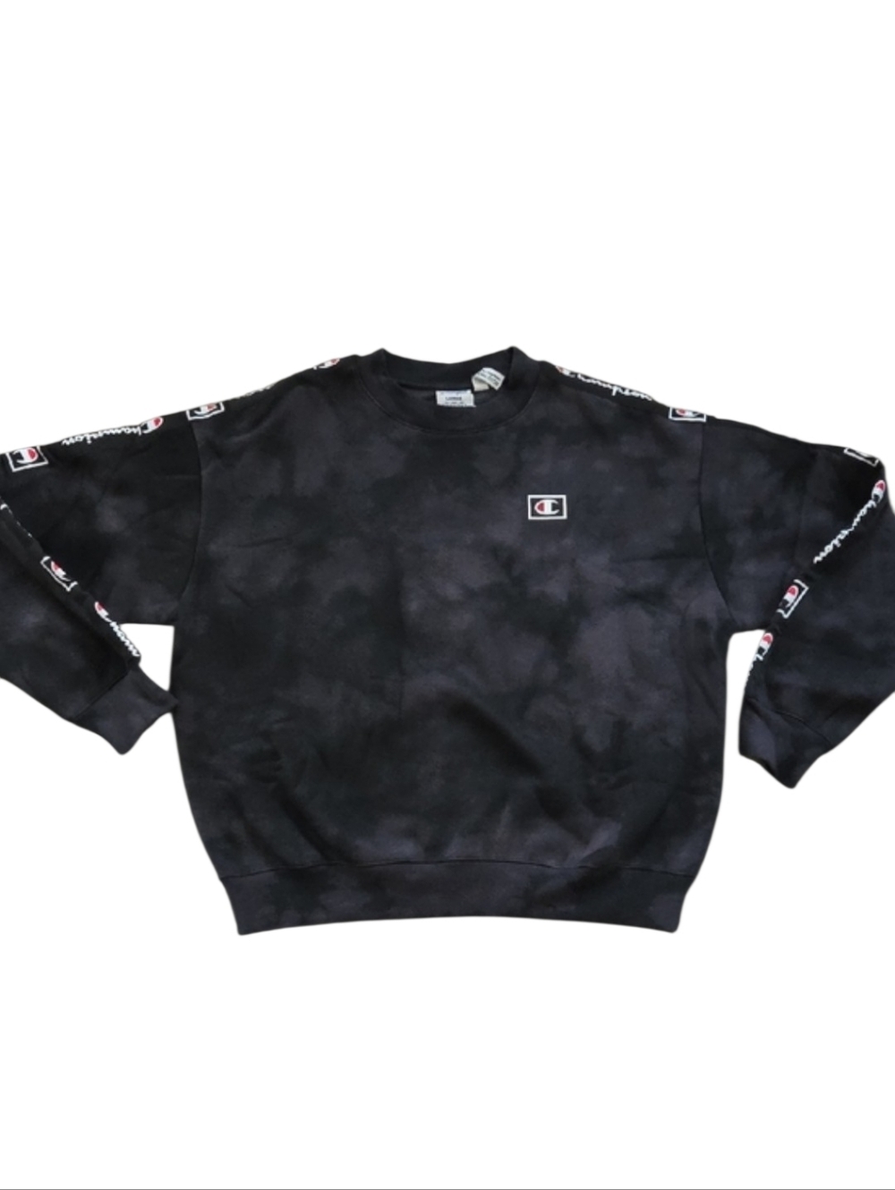 Champion Custom Fit Black Tie-Dye Crewneck Sweatshirt with Logo Sleeve Detail